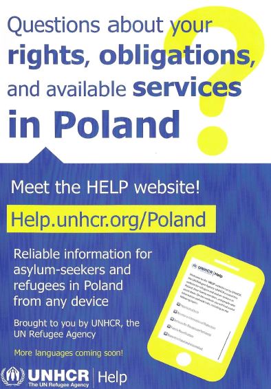 Ulotka informacyjna konsultacji prowadzonych przez Fundację UNHCR. Konsultacje dedykowane są obywatelom Ukrainy, Białorusi , Czeczenii oraz Afganistanu