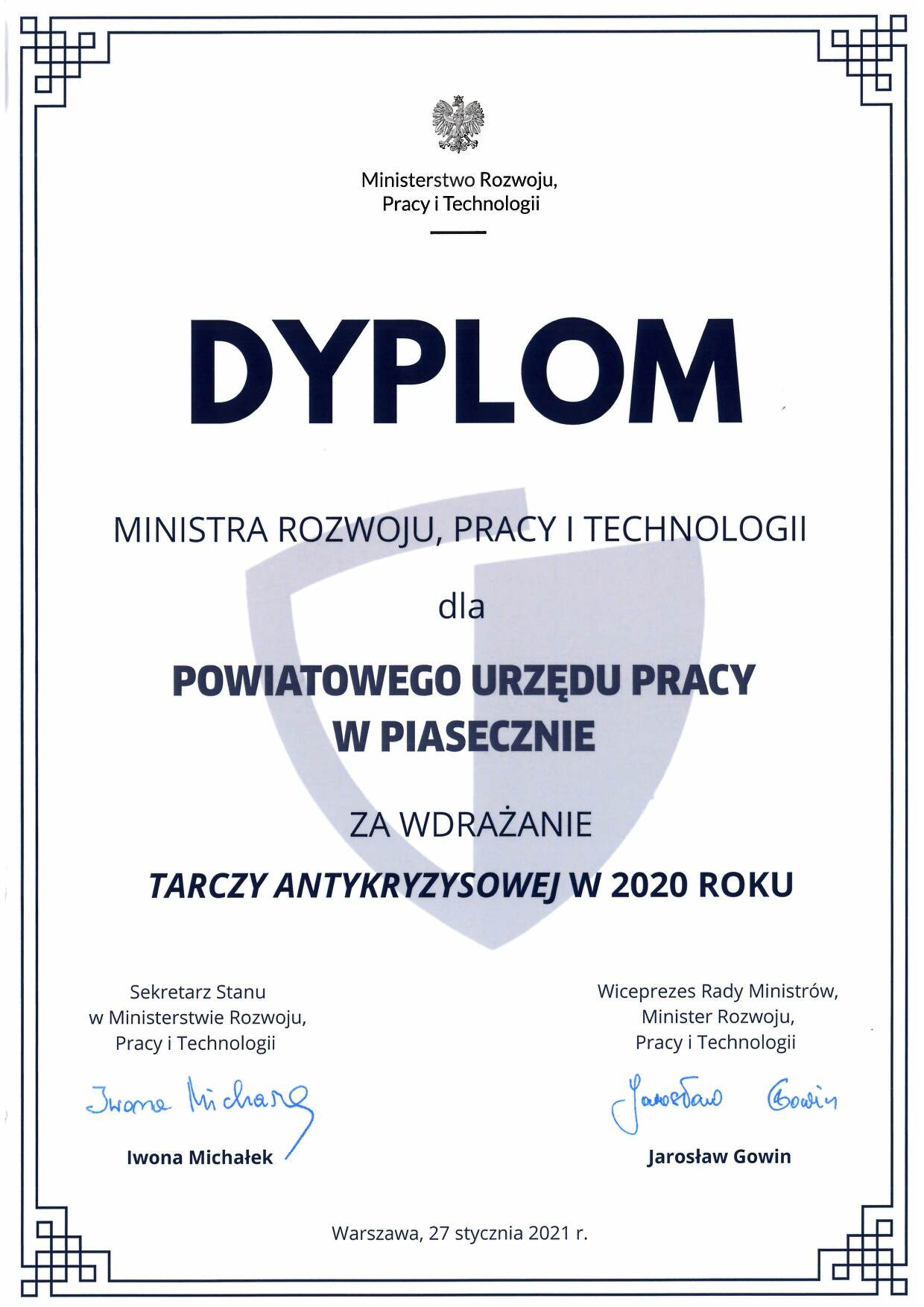 Dyplom za wdrażanie Tarczy Antykryzysowej w 2020r dla Powiatowego Urzędu Pracy w Piasecznie