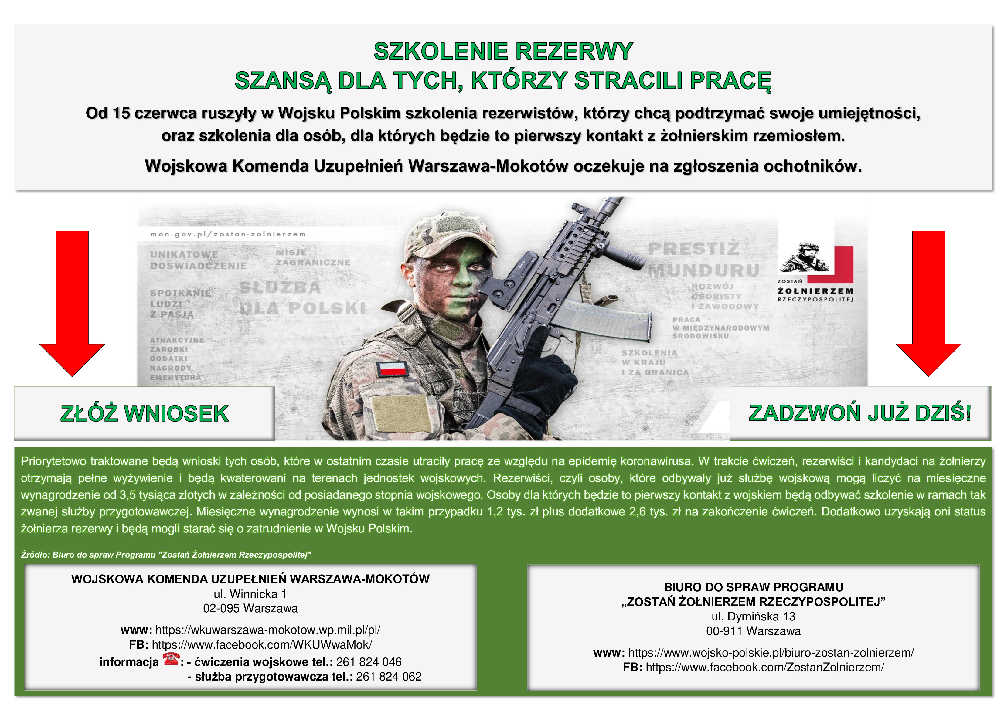 Plakat informacyjny Wojska Polskiego o szkoleniach rezerwistów oraz dla osób, które nie miały jeszcze kontaktu z wojskiem, a które w ostatnim czasie straciły zatrudnienie z powodu koronawirusa.